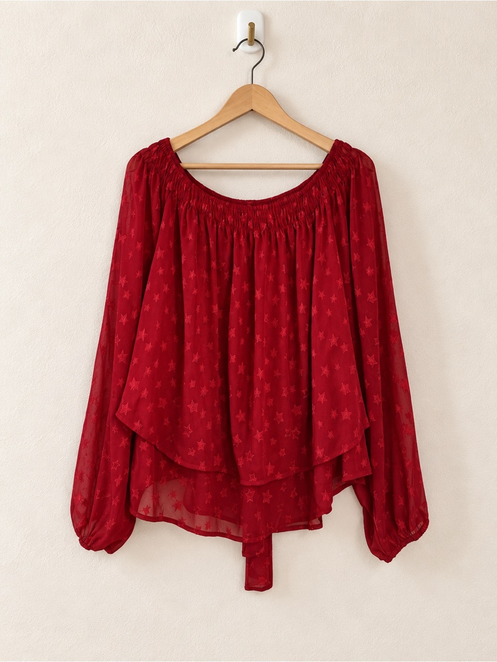 FESTI Red Star Print Sheer Flowy Blouse Tie Back Long Sleeve Size 2